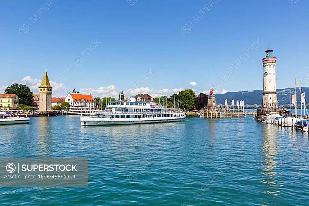 City on Lake Constance Marina Harbour with Ship Travel in Lindau, Germany, Europe