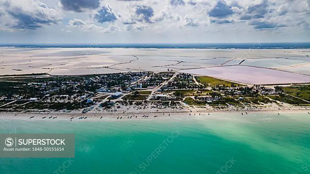 Aerial of the white sand beach and turquoise waters of Las Coloradas, Yucatan, Mexico, Central America