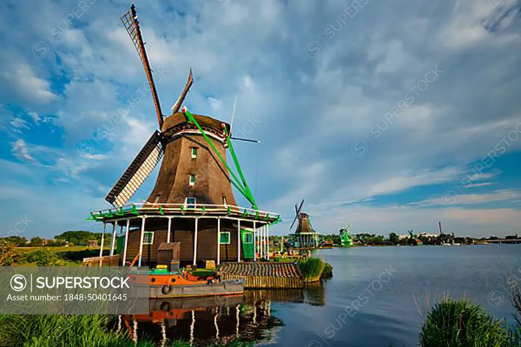 Netherlands rural lanscape, windmills at famous tourist site Zaanse Schans in Holland. Zaandam, Netherlands