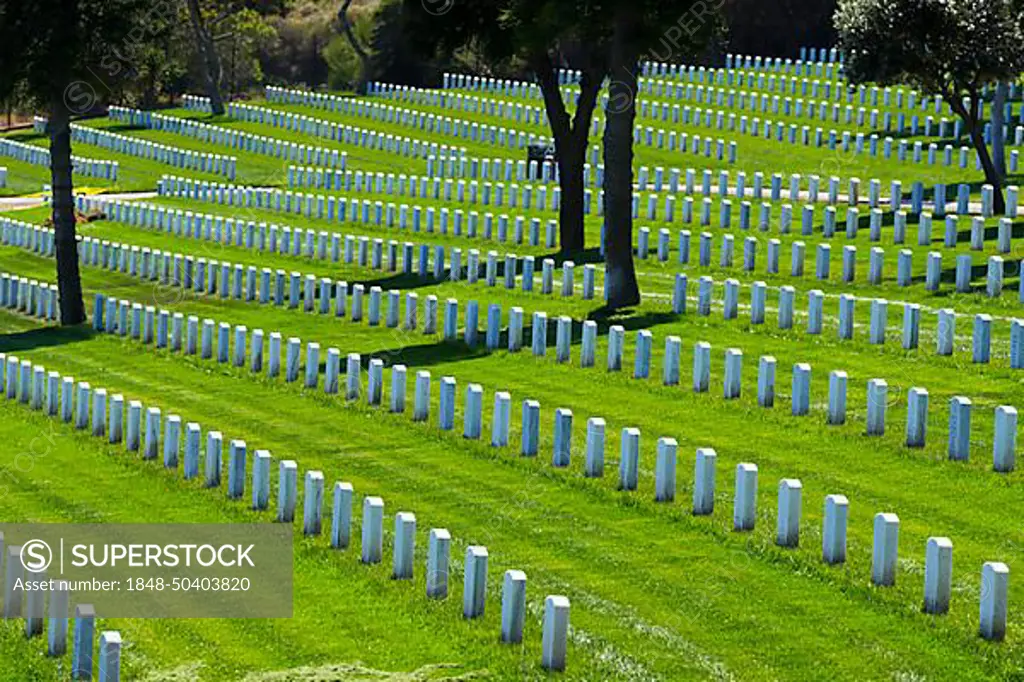 Generic view of a veterans cemetery on top of a hill showing American pride