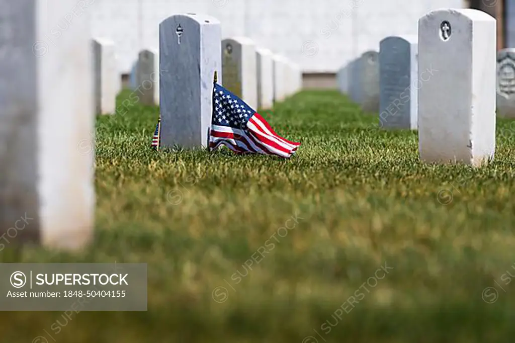 Generic view of a veterans cemetery on top of a hill showing American pride