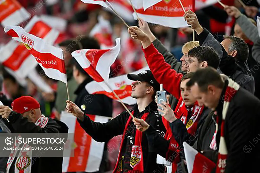 Sold-out, packed stadium, fans with flags in the fan block, Mercedes-Benz Arena, Stuttgart, Baden-Wuerttemberg, Germany, Europe