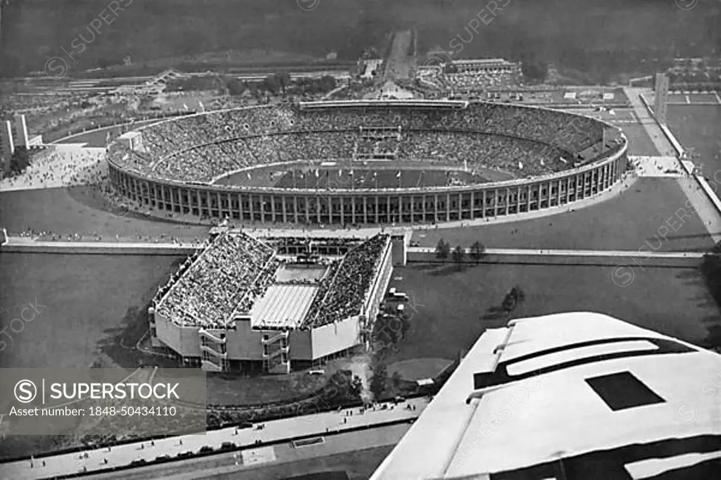 The Olympic Combat Track and the Swimming Stadium on the Reichssportfeld, Olympic Stadium, aerial view