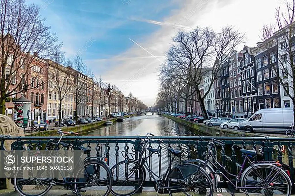 Canals of Amsterdam, bicycles on bridge, Amsterdam, Netherlands