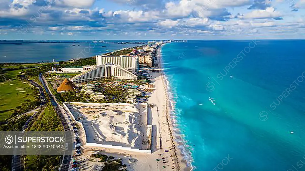 Aerial of the hotel zone with the turquoise waters of Cancun, Quintana Roo, Mexico, Central America