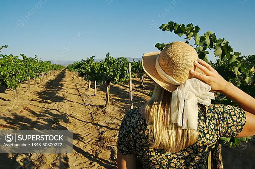 Beautiful woman strolling at a winery on a spring day