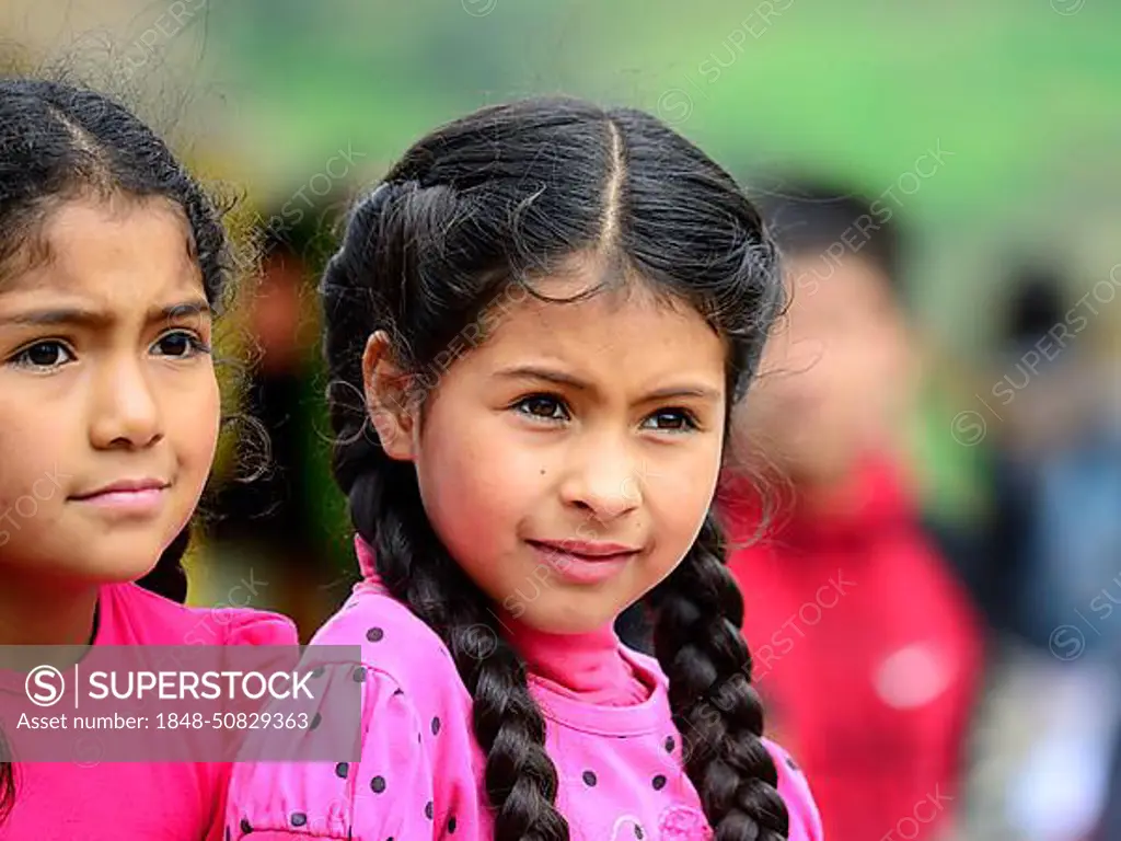 Two indigenous girls at a folk festival, Kuelap, Luya Province, Amazonas Region, Peru, South America