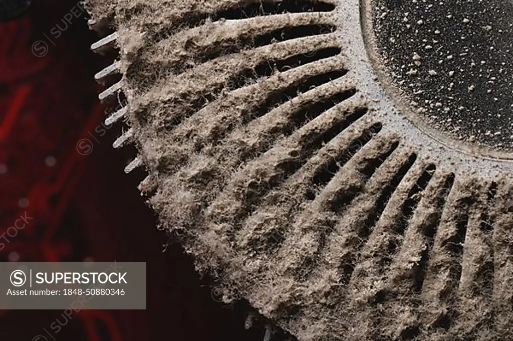 Extremely dirty ventilation system with dusty clogged filter, macro. close-up