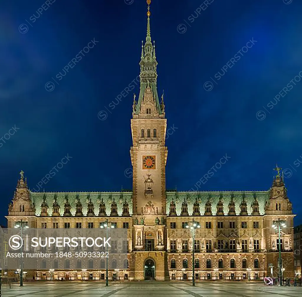 City hall illuminated, night scene, Hamburg, Germany, Europe
