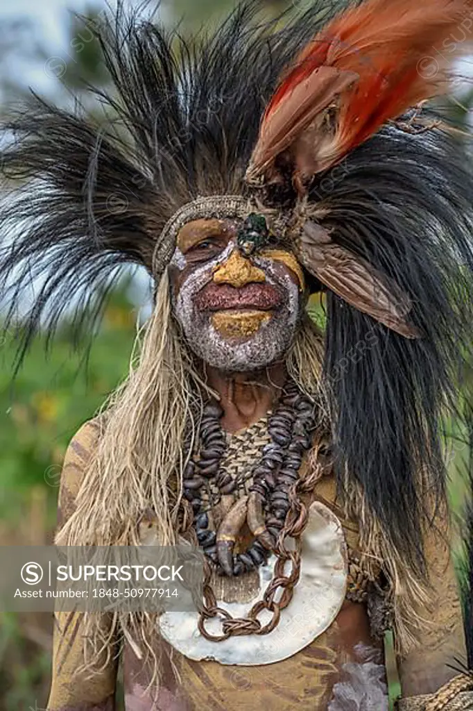 Head of tribe decorated with cassowary feathers and a bird of paradise, portrait, Usukof village, Lake Murray, Western Province, Papua New Guinea, Oceania