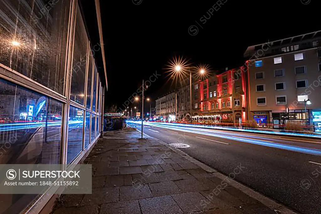 Night view of a city street with long exposure highlighting the city lights, Pforzheim, Germany, Europe