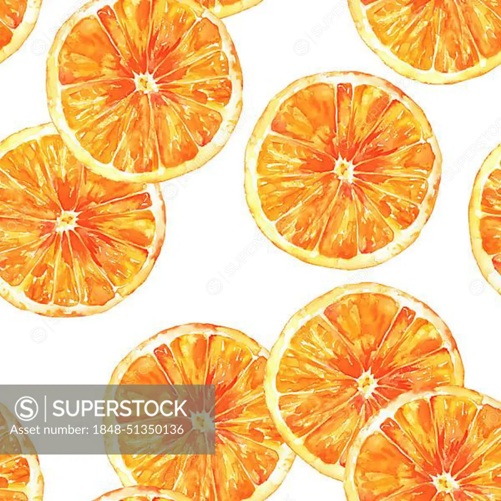 A seamless background pattern with vibrant hand drawn watercolour orages, healthy food repeat print