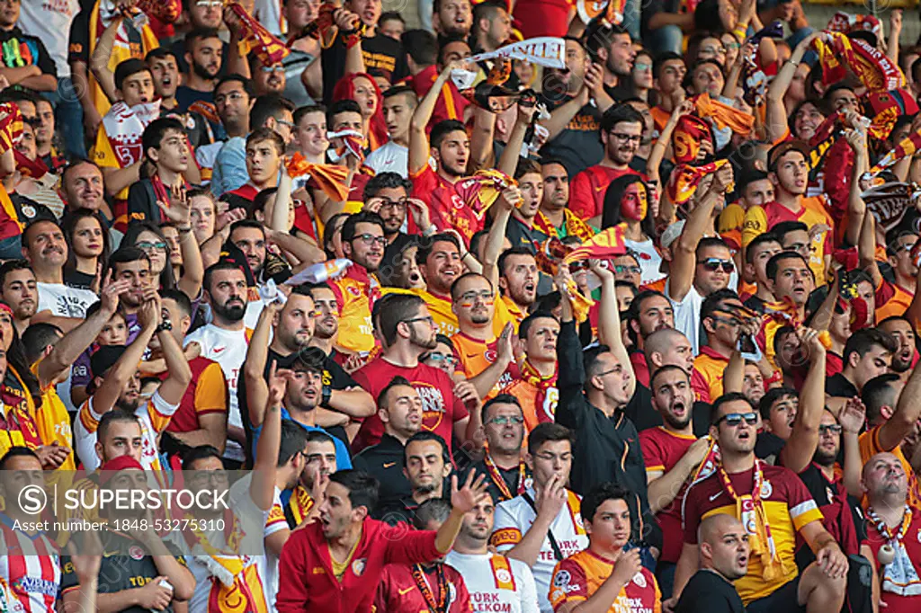 Fans of Galatasaray Istanbul cheer on their team during a friendly game against SK Rapid Vienna, Ernst-Happel-Stadium, Vienna, Austria, Europe