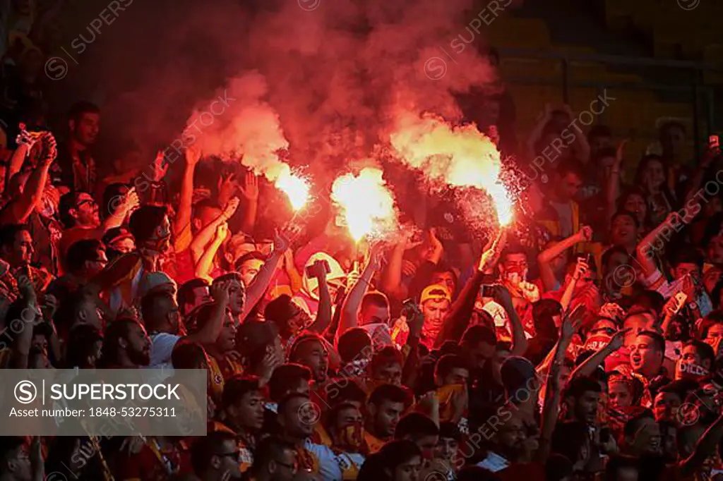 Fans of Galatasaray Istanbul cheer on their team during a friendly game against SK Rapid Vienna, Ernst-Happel-Stadium, Vienna, Austria, Europe