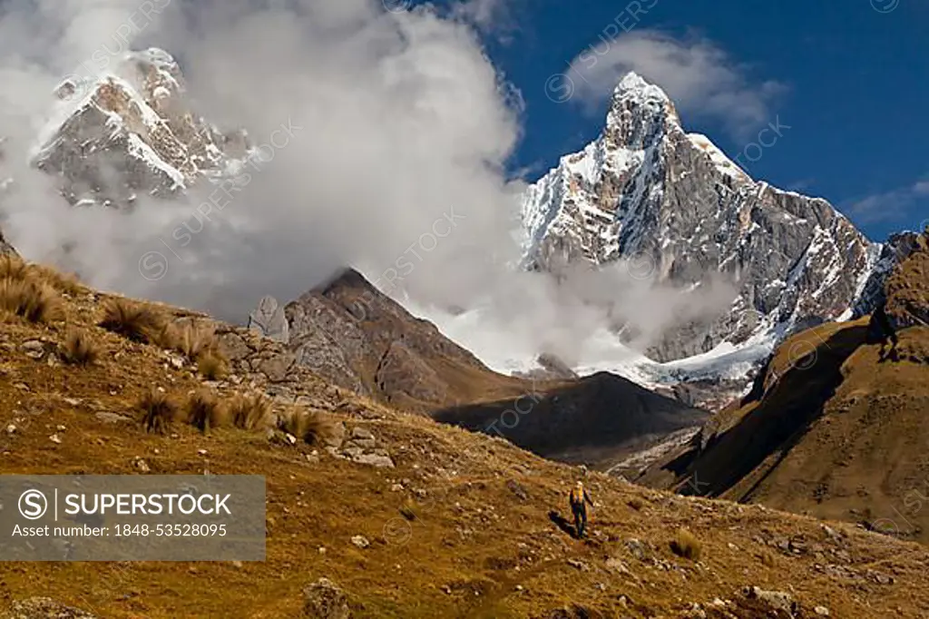 Mountaineer with Mt Nevado Jirishanca, Cordillera Huayhuash, Peru, South America