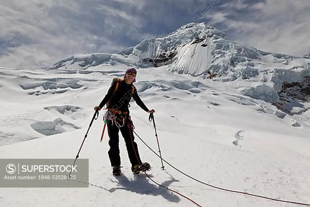 Mountaineer on Mt Nevado Tocllaraju, Cordillera Blanca, Peru, South America