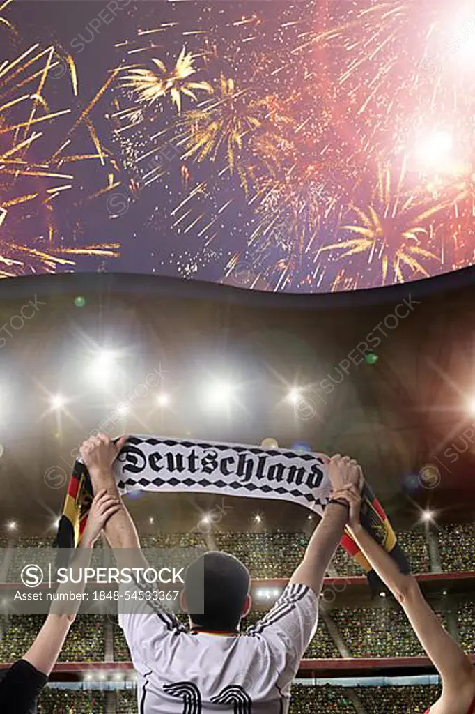 Football fan holding a scarf, lettering "Deutschland", German for "Germany", fireworks, stadium, crowd