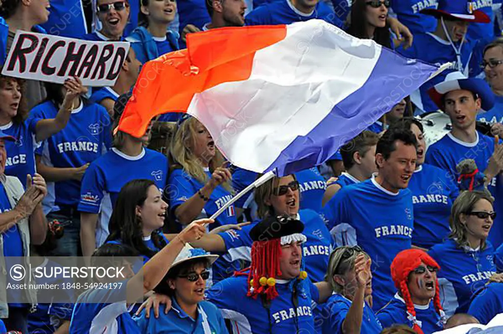 French fans, spectators waving flag, Davis Cup 2011 quarter-final, Stuttgart, Baden-Wuerttemberg, Germany, Europe