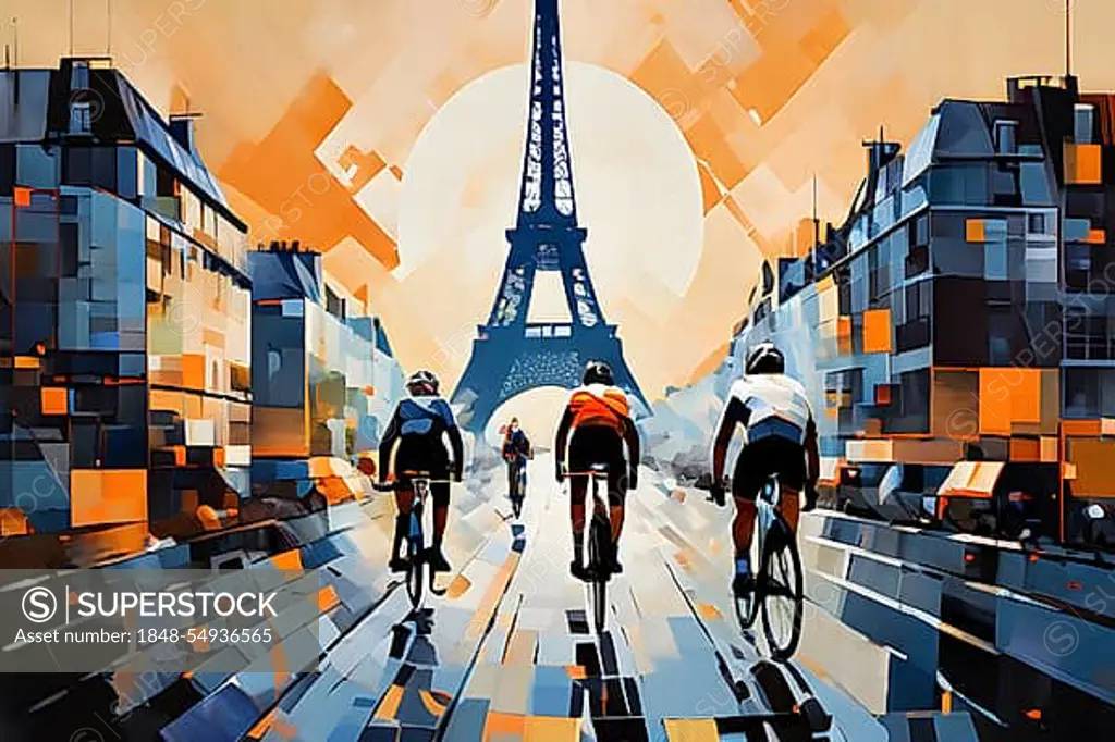 Abstract cyclists in paris olympic games blurring across a canvas infused with geometric patterns, AI generated