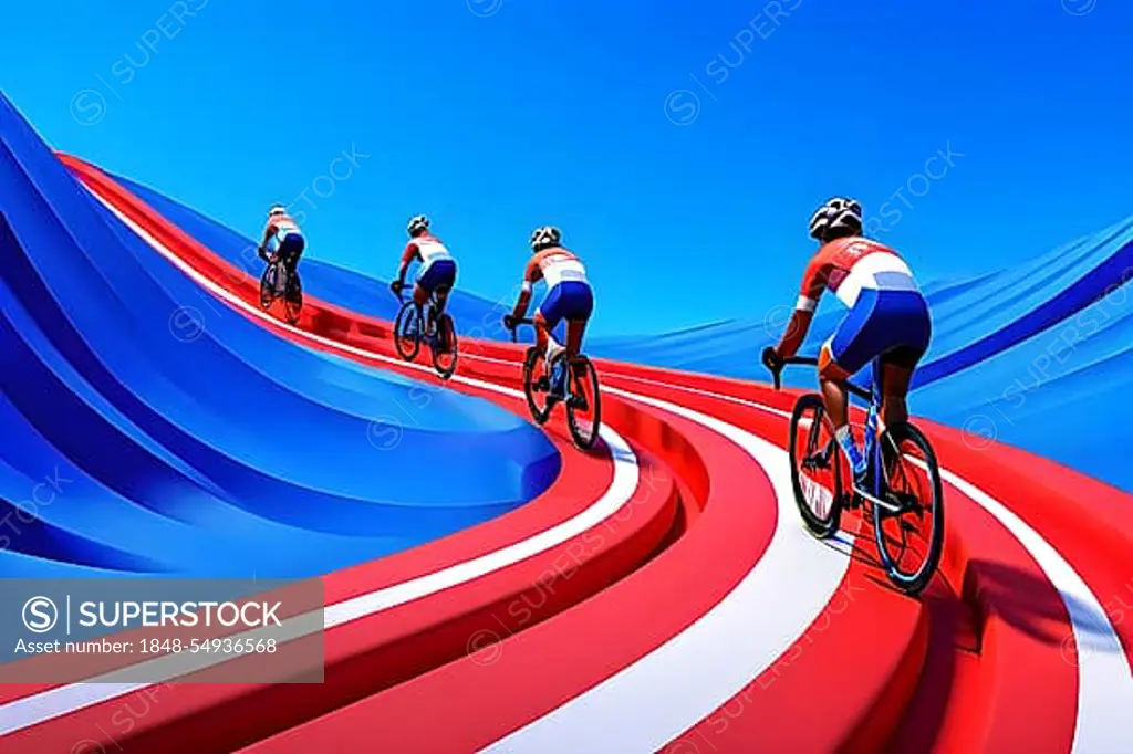 Series of vertical staggered lines suggesting the rhythm and speed of cyclists at olympic games, colors in french tricolor blue, white and red, AI generated