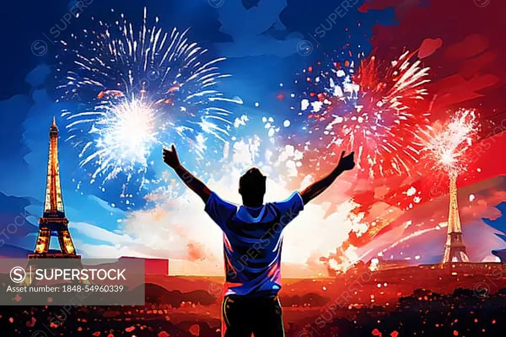 Jubilant athlete silhouette enveloped in the sparkle of fireworks over olympic 2024 paris, AI generated