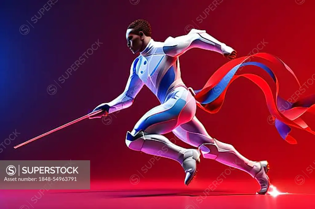 Abstract digital render a fencer morphing into fluid shapes, AI generated, Paris, Paris, Olympic Games