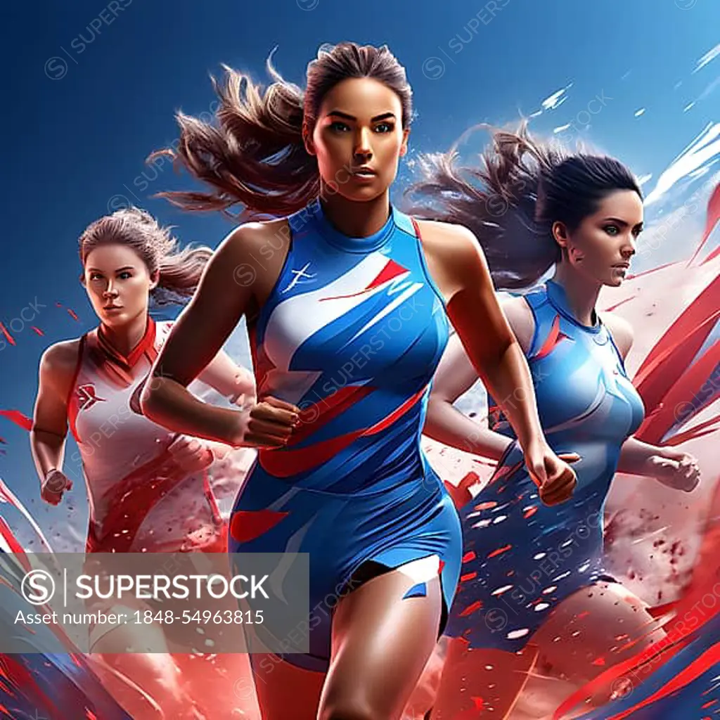 Abstract digital render of an olympic triathlete in running morphing into fluid shapes, AI generated, Paris, Paris, Olympic Games