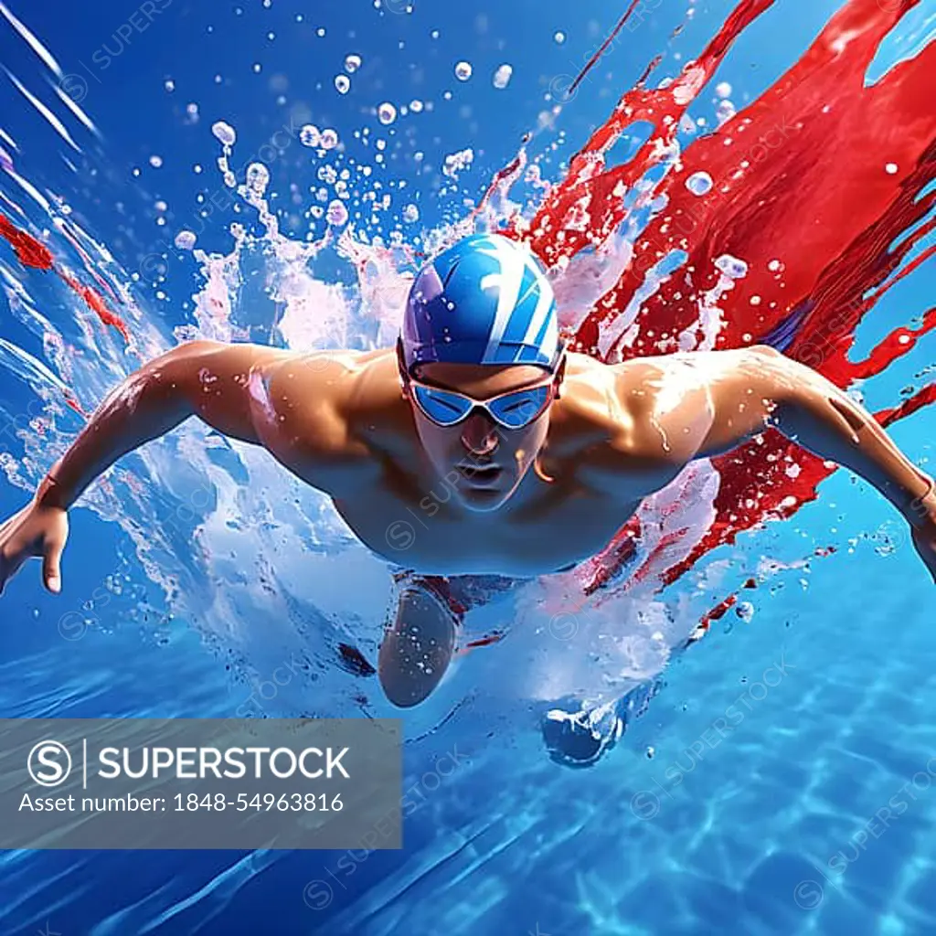 Abstract digital render of an olympic triathlete in swimming morphing into fluid shapes, AI generated, Paris, Paris, Olympic Games