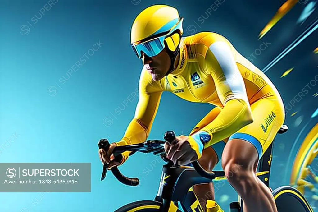 Abstract digital render of an olympic triathlete on the bike morphing into fluid shapes, AI generated, Paris, Paris, Olympic Games