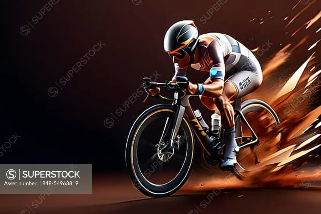 Abstract digital render of an olympic triathlete on the bike morphing into fluid shapes, AI generated, Paris, Paris, Olympic Games