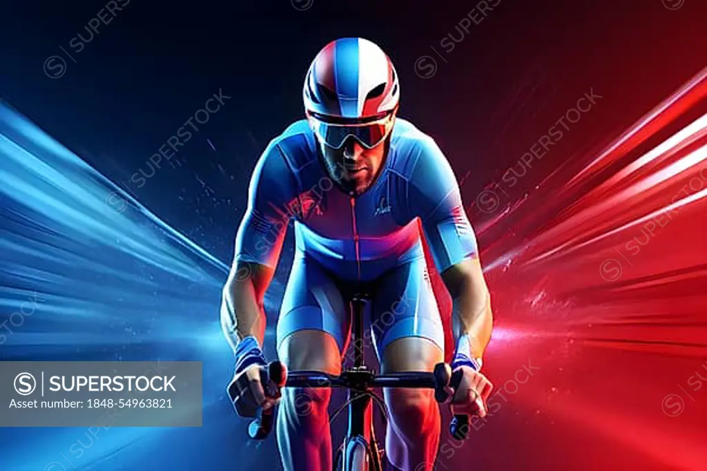 Abstract digital render of an olympic triathlete on the bike morphing into fluid shapes, AI generated, Paris, Paris, Olympic Games