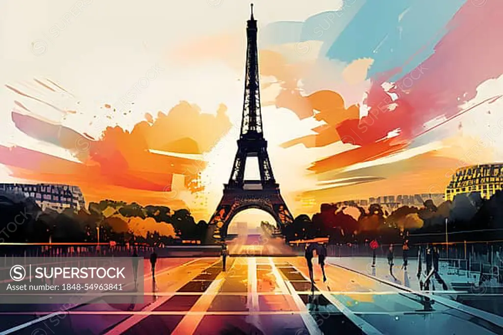 Olympic games depicted through vibrant dynamic lines and color splashes with the Eifeltower, AI generated, Paris, Paris, Olympic Games