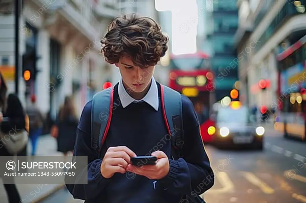 Pupil looking at his smartphone on a busy street in London City, symbolic image for accident risk on the way to school due to media distraction, AI generated, AI generated, AI generated