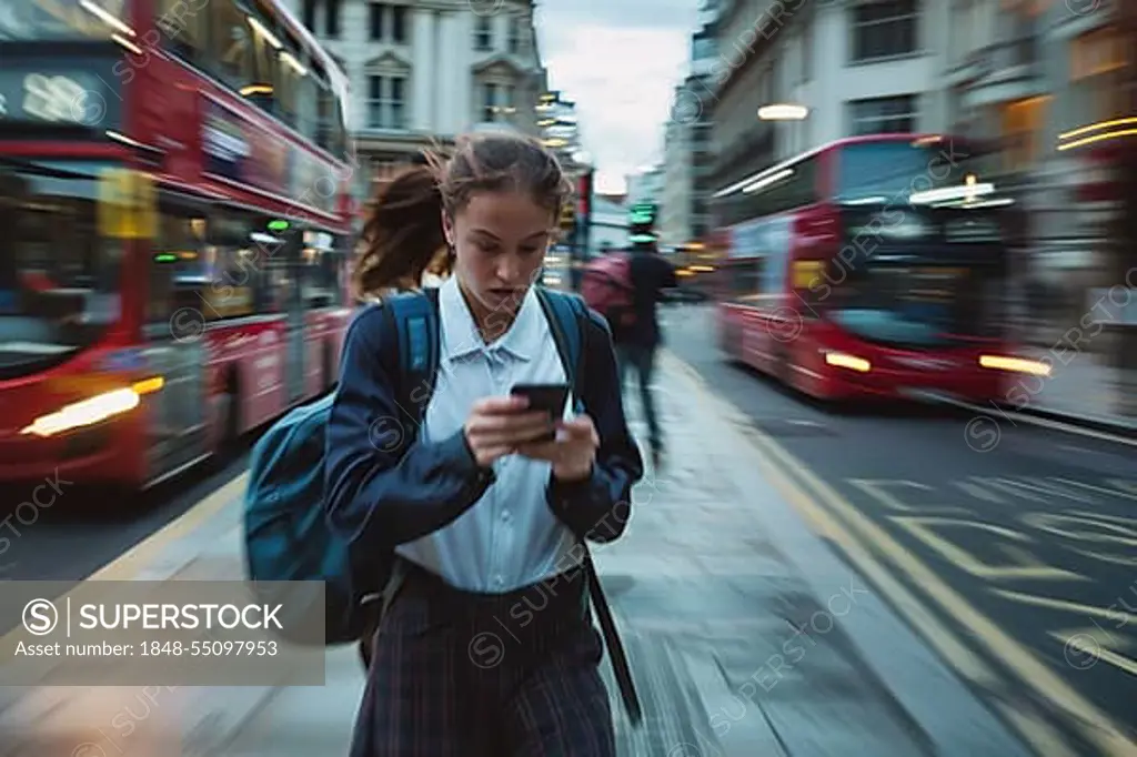 A schoolgirl in a hurry looks at her smartphone on a busy street, symbolic image for the risk of accidents on the way to school due to media distraction, double-decker bus in London City with motion blur, hectic environment, AI generated, AI generated, AI generated