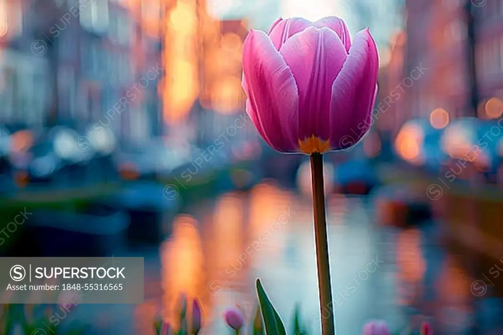 Single pink tulip against a soft-focused Amsterdam canal at sunset, AI generated