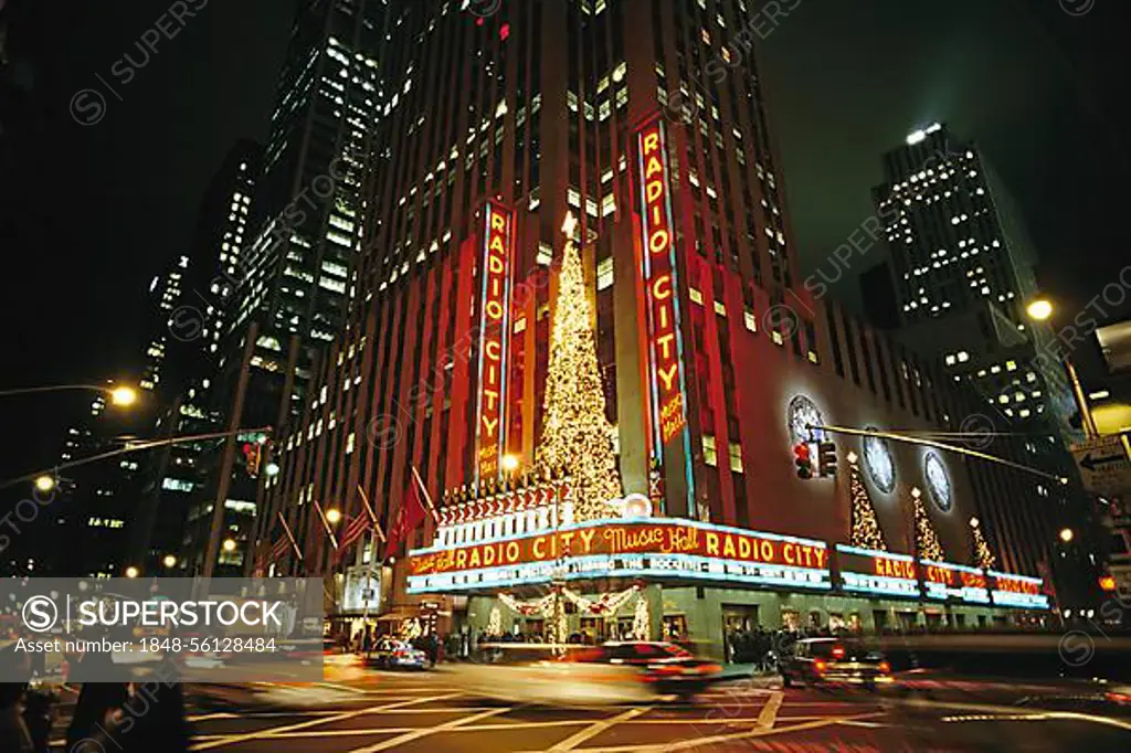 Radio City Music Hall building at night, Christmas in New York City, USA, North America