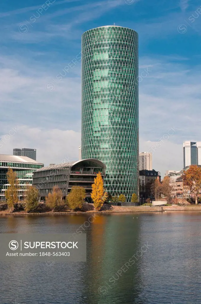 Westhafen Tower, high-rise building in Frankfurt nicknamed Das Gerippte, resembling the structure of a typical cider glass, or Aeppelwoi-Turm, German ...