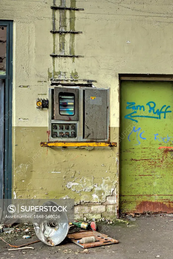 Electrical distribution board, broken lamp, destruction, abandoned factory