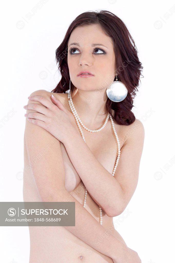 Almost naked woman, but for a skimpy pair of panties and a long pearl  necklace, Stock Photo, Picture And Rights Managed Image. Pic. MEV-10126697
