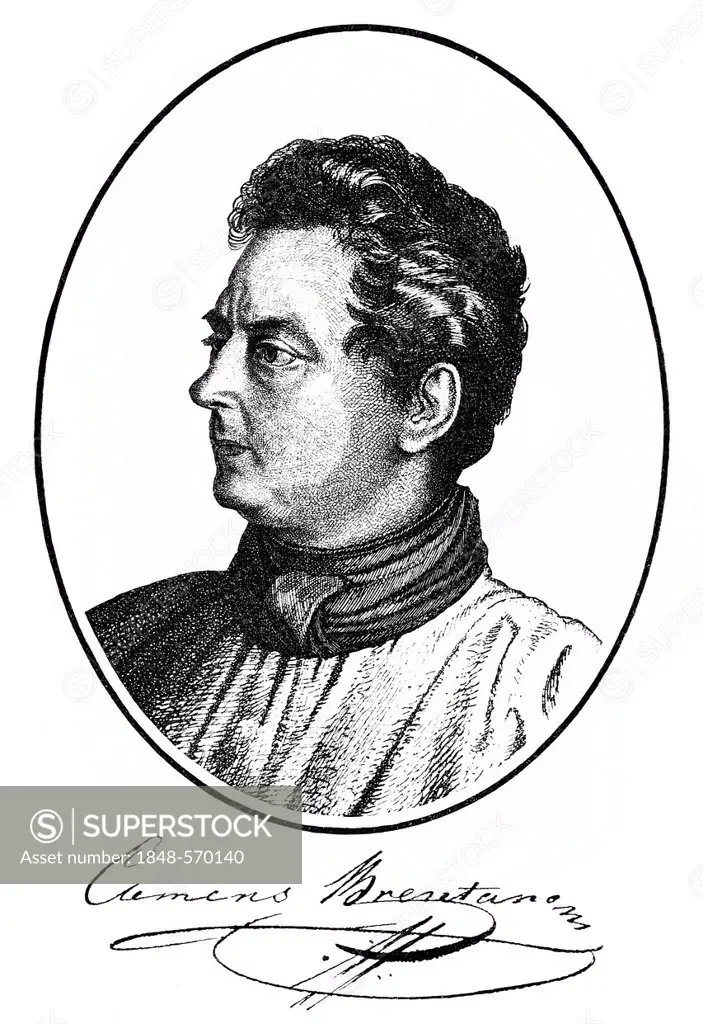 Historical print, engraving, 1837, portrait of Clemens Wenzeslaus Brentano de La Roche, 1778-1842, German writer of the Heidelberg Romanticism, from B...