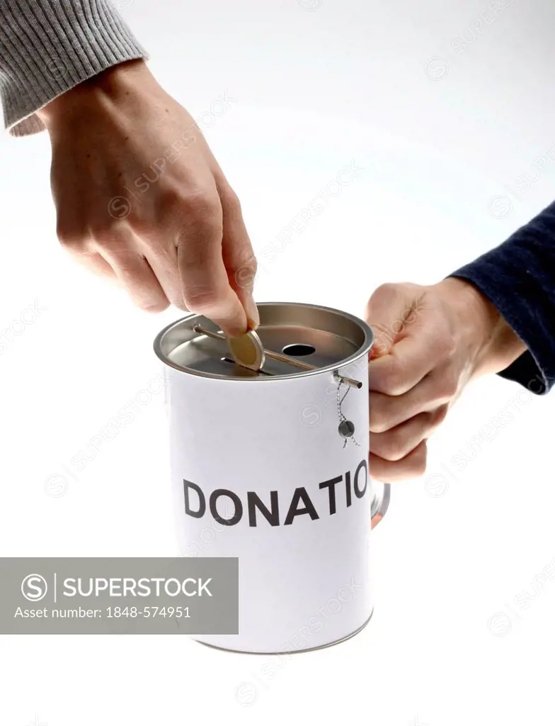 Hands with a donation box, labeled donation