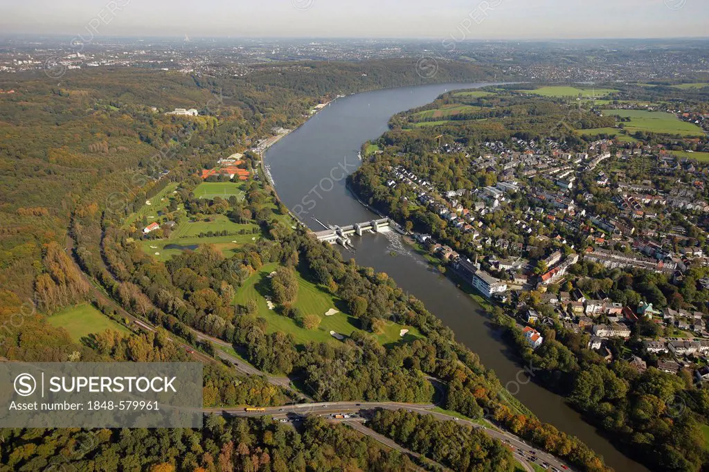 Aerial view, golf course at Baldeneysee or Lake Baldeney, Ruhr river, Essen-Werden, Essen, Ruhr Area, North Rhine-Westphalia, Germany, Europe