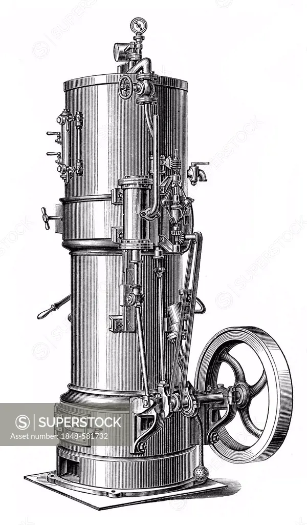 Historical graphic representation, technical drawing, vertical boiler steam engine, steam engine, piston heat engine, piston heat engine, the containe...