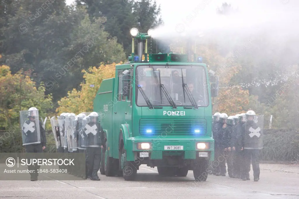 Police training in the use of water cannons, North Rhine-Westphalia, Germany, Europe