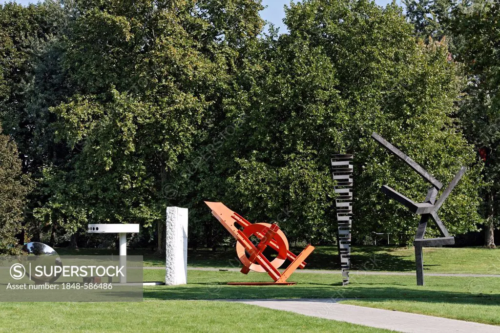 Row of modern sculptures, Skulpturenpark Koeln sculpture park, Cologne, North Rhine-Westphalia, Germany, Europe