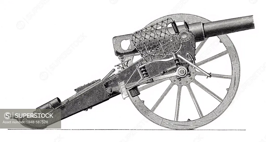 Illustration, German field artillery cannon, 19th Century, Meyers Konversations-Lexikon encyclopaedia, 1889