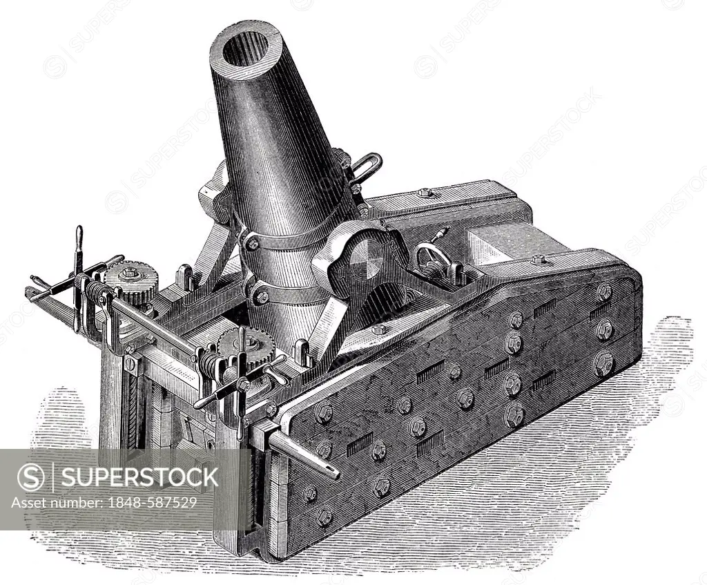 Illustration, cannon, mortar of the German siege and fortress artillery in a mobile carriage, 19th Century, Meyers Konversations-Lexikon encyclopaedia...