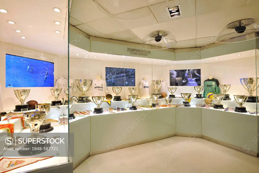 Display cabinet, exhibition, museum, Estadio Santiago Bernabeu stadium, football venue of Real Madrid, Chamartin district, Madrid, Spain, Europe