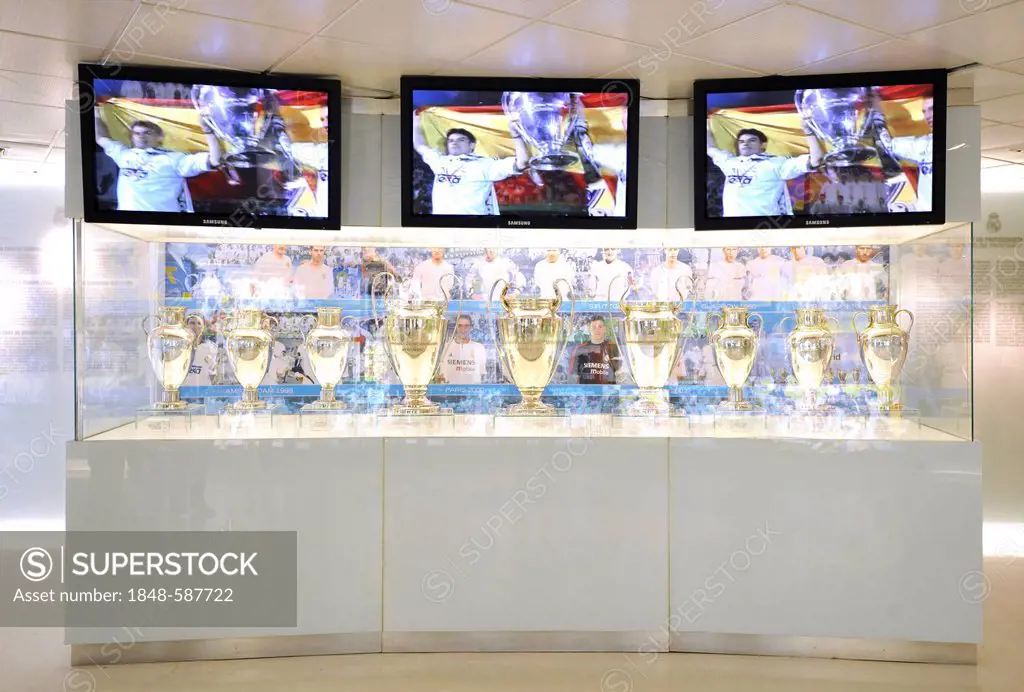 Display cabinet, exhibition, museum, Estadio Santiago Bernabeu stadium, football venue of Real Madrid, Chamartin district, Madrid, Spain, Europe