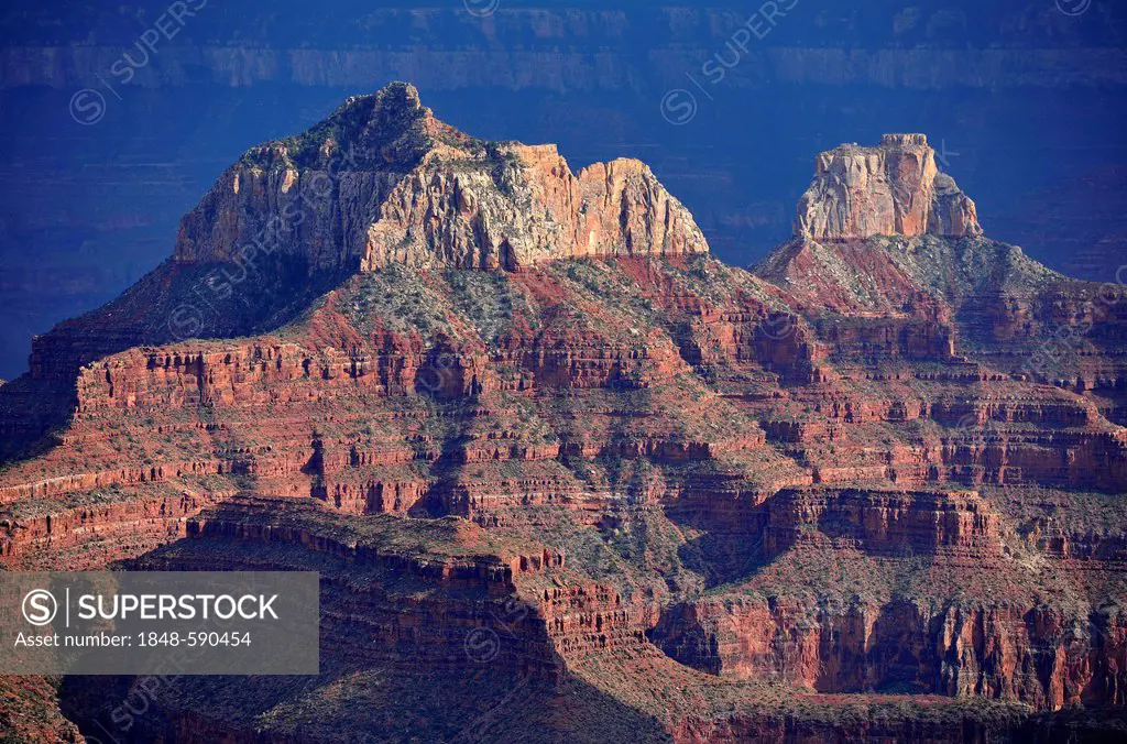 View from Bright Angel Point towards Brahma Temple, Zoroaster Temple, evening mood, Grand Canyon National Park, North Rim, Arizona, United States of A...